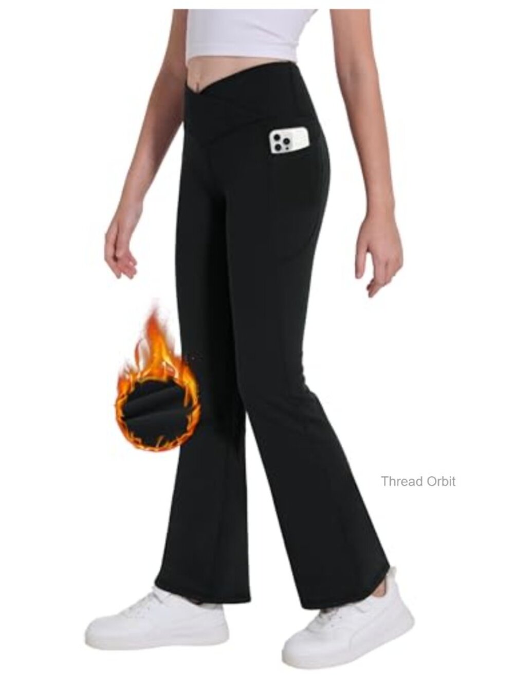 Fleece Lined Flare Leggings with Pockets Crossover High Waisted Bootcut Yoga